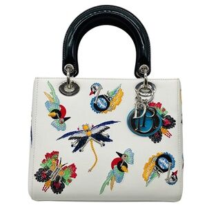 CHRISTIAN DIOR WHITE MULTICOLOR ANIMALS EMBROIDERED SMOOTH CALFSKIN MEDIUM LADY